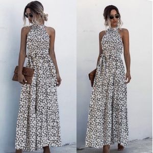 Boho floral print belted halter spring dress